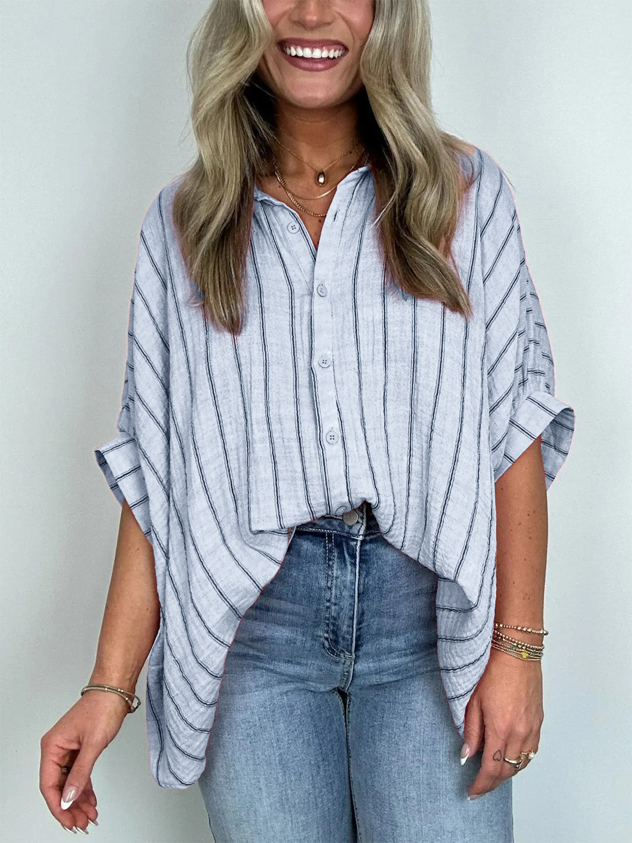 2024 Popular Oversized Striped Button Down Top Shirt jacket(50% OFF🔥)
