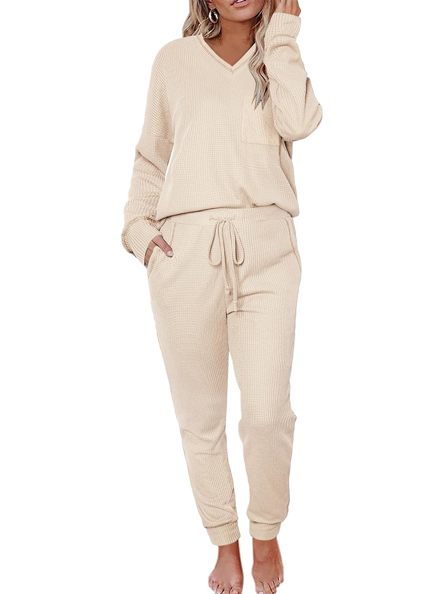 Women's V Neck Waffle Knit Sleepwear Top and Pant Lounge Sets