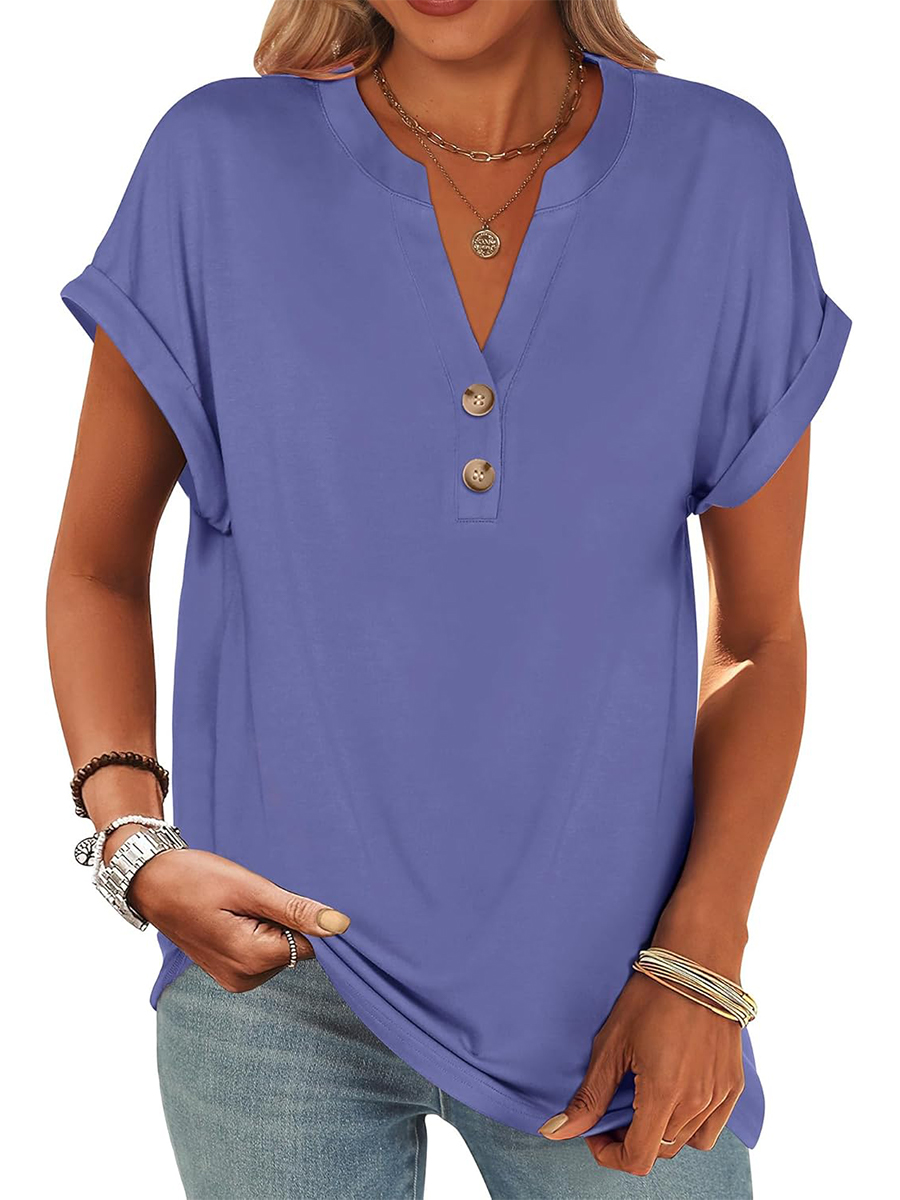 Women's V Neck Button Casual Loose Fit Short Sleeve Shirts Henley Tops