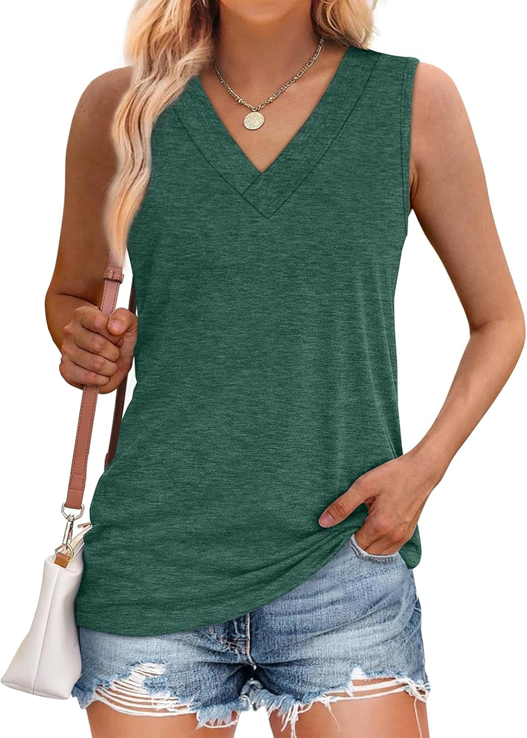 Women Summer Loose Fit V Neck T Shirts Trendy Sleeveless Basic Tank Tops 