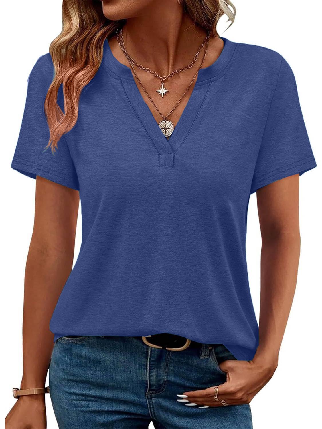 Womens Short Sleeve V Neck Casual Loose Fit T-shirts 
