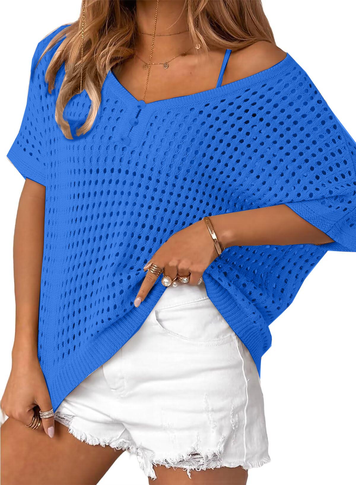 Womens Summer V Neck Short Sleeve Button Down Sweater Casual Crochet Hollow Out Knit Tops Beach Coverup (Buy 2 Free Shipping!!!)