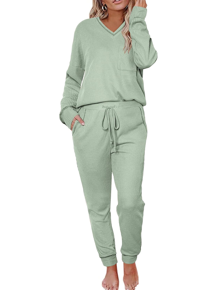 Women's V Neck Waffle Knit Sleepwear Top and Pant Lounge Sets