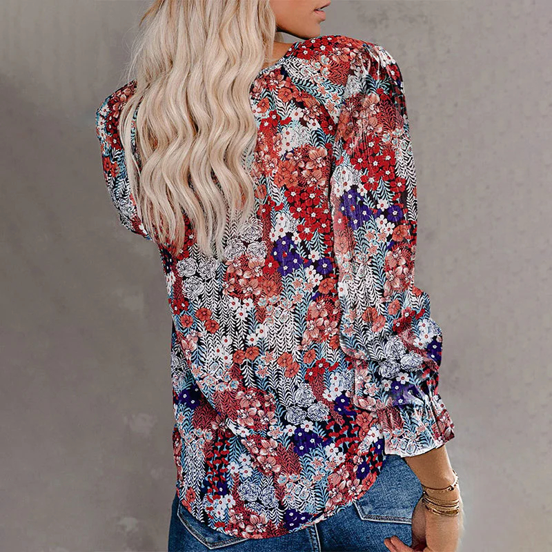 Women Boho Floral Print V Neck Drawstring Long Sleeve Blouse Top (Final Days: Big Savings!!!)