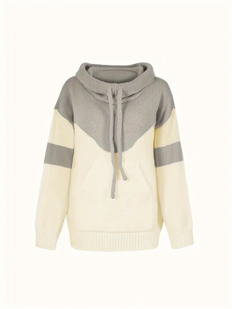 Cozy Color Block Knit Hoodie with Drawstring Details (Final Days: Big Savings!!!)