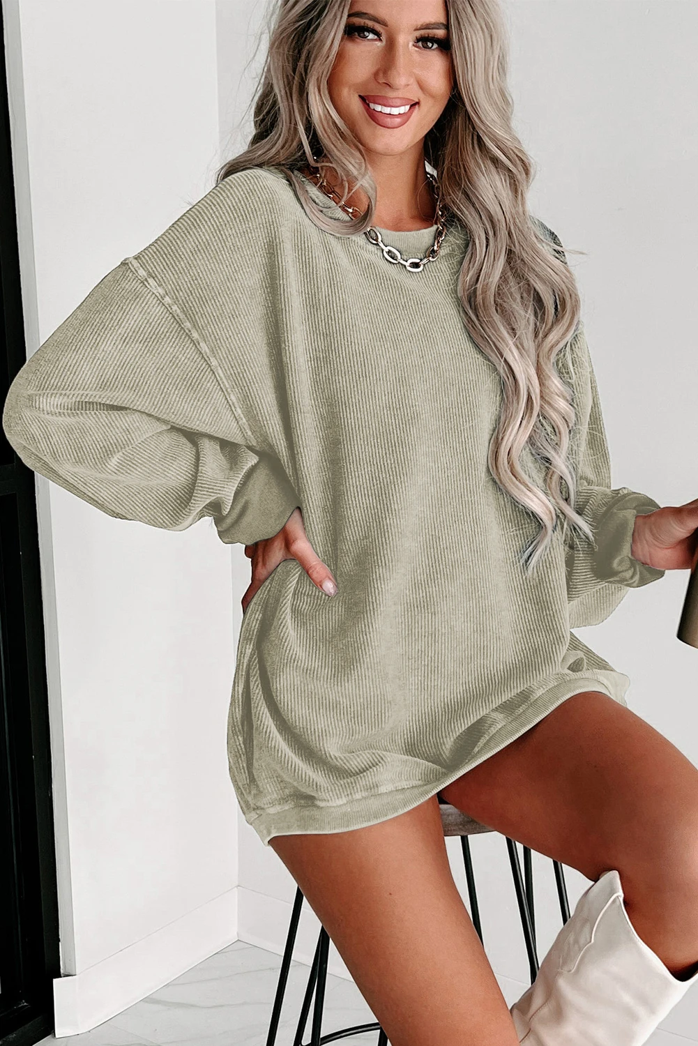  Women's Solid Color Ribbed Knit Round Neck Pullover Sweatshirt