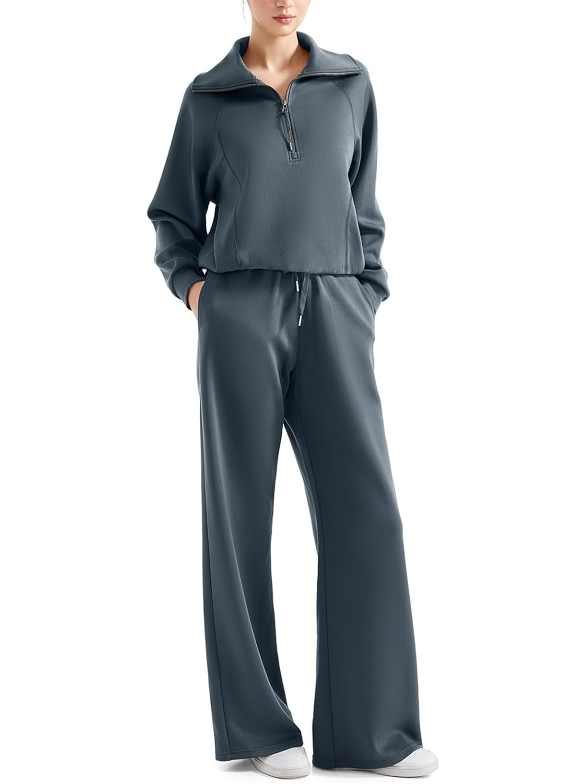 Women 2 Piece Lounge Matching Set Wide Leg Sweatpant Half Zip Sweatshirt