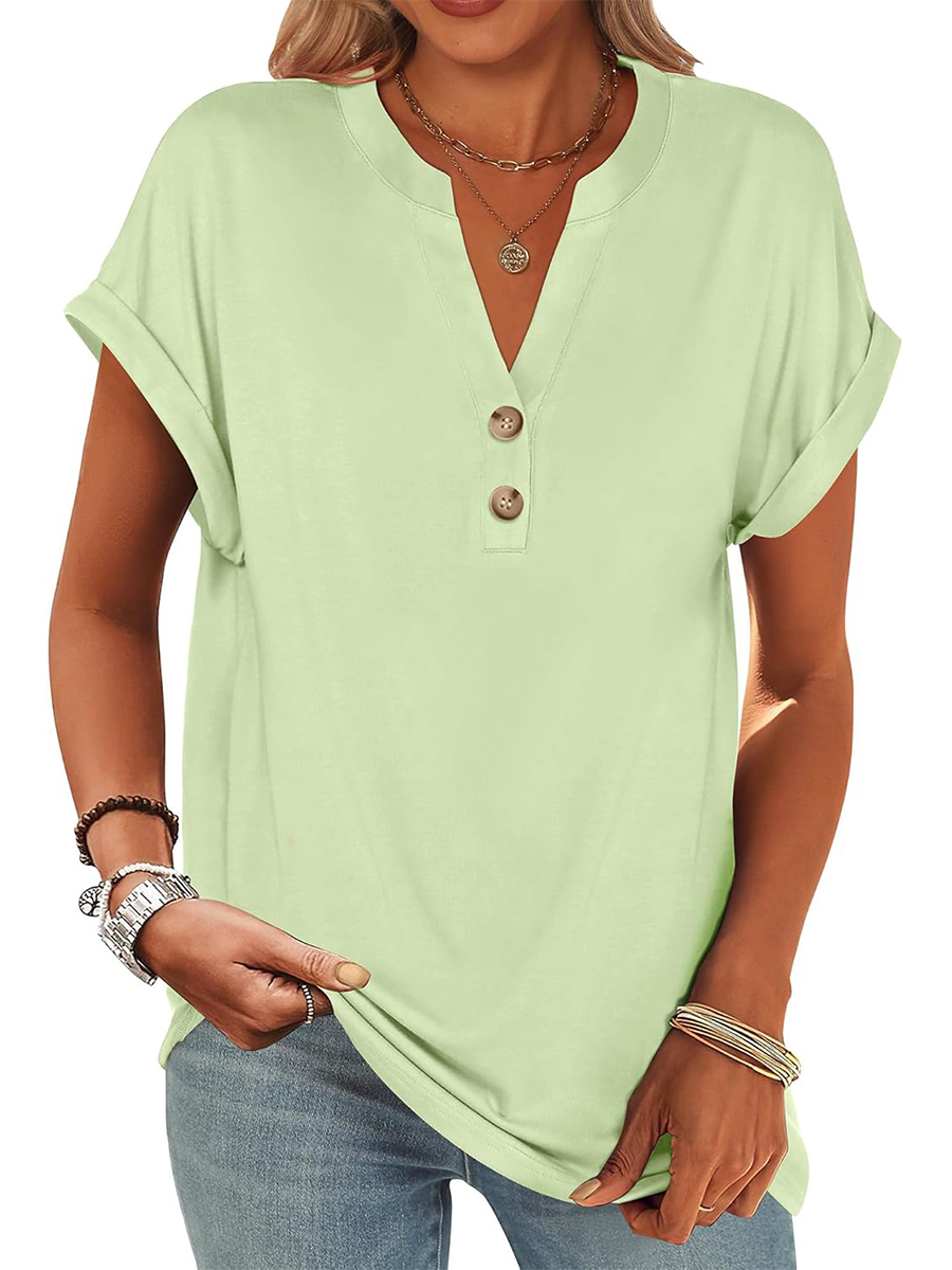 Women's V Neck Button Casual Loose Fit Short Sleeve Shirts Henley Tops