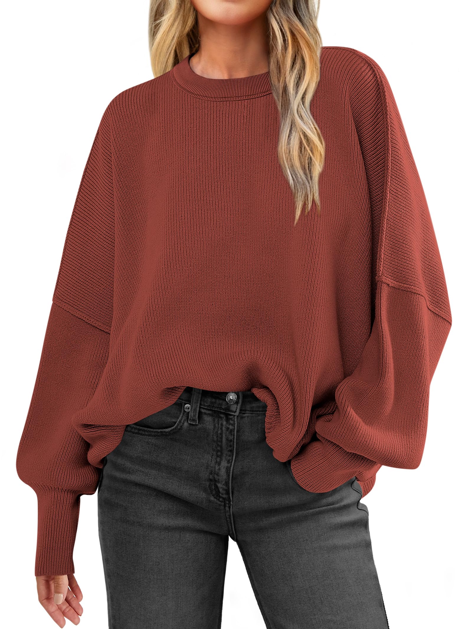 Women Oversized Side Slit Ribbed Knit Pullover Sweaters Top 