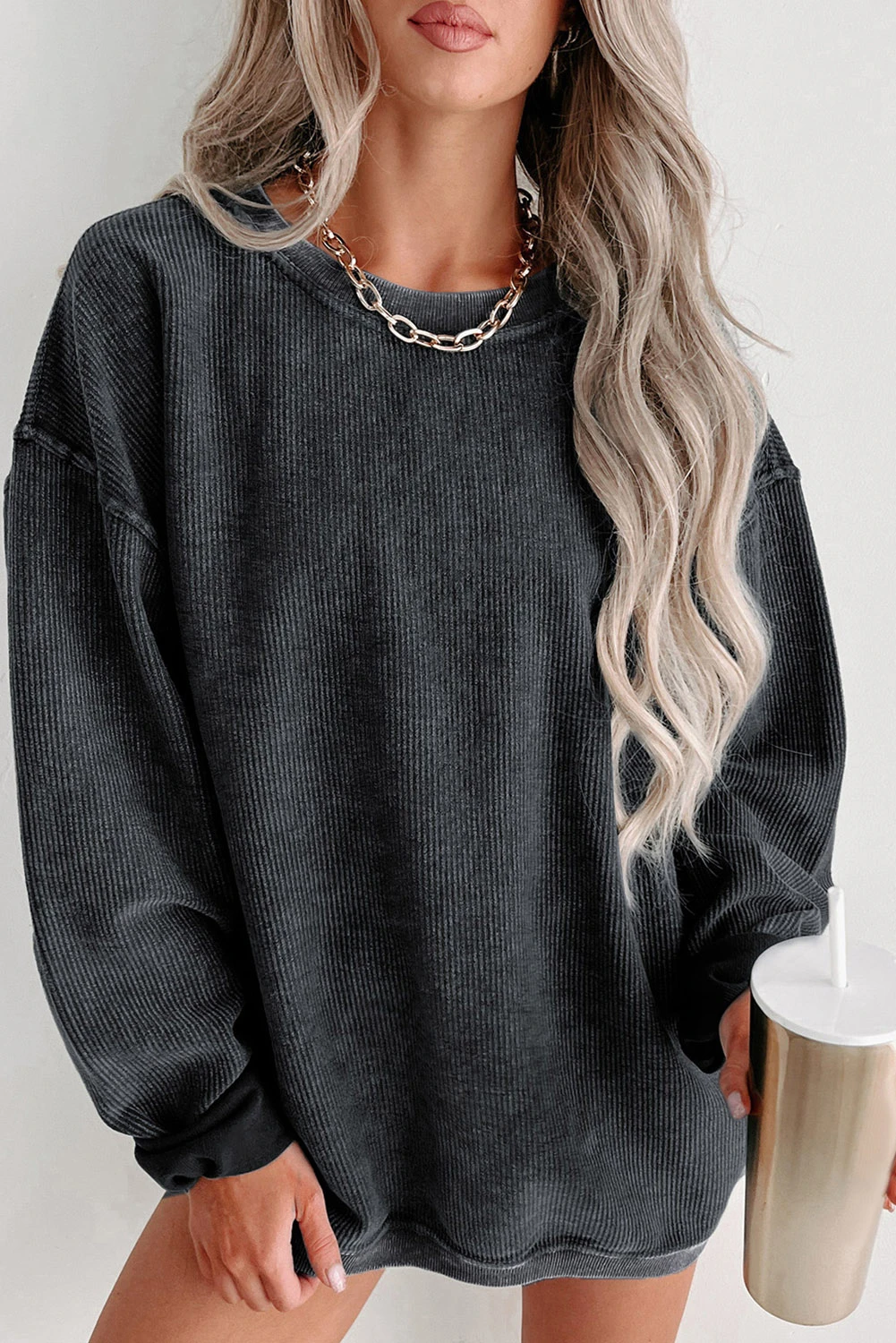  Women's Solid Color Ribbed Knit Round Neck Pullover Sweatshirt