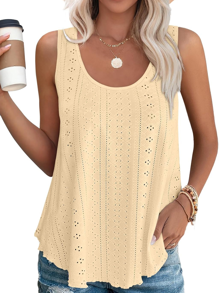 Women's Casual Loose Scoop Neck Wide Strap Eyelet Tank Tops
