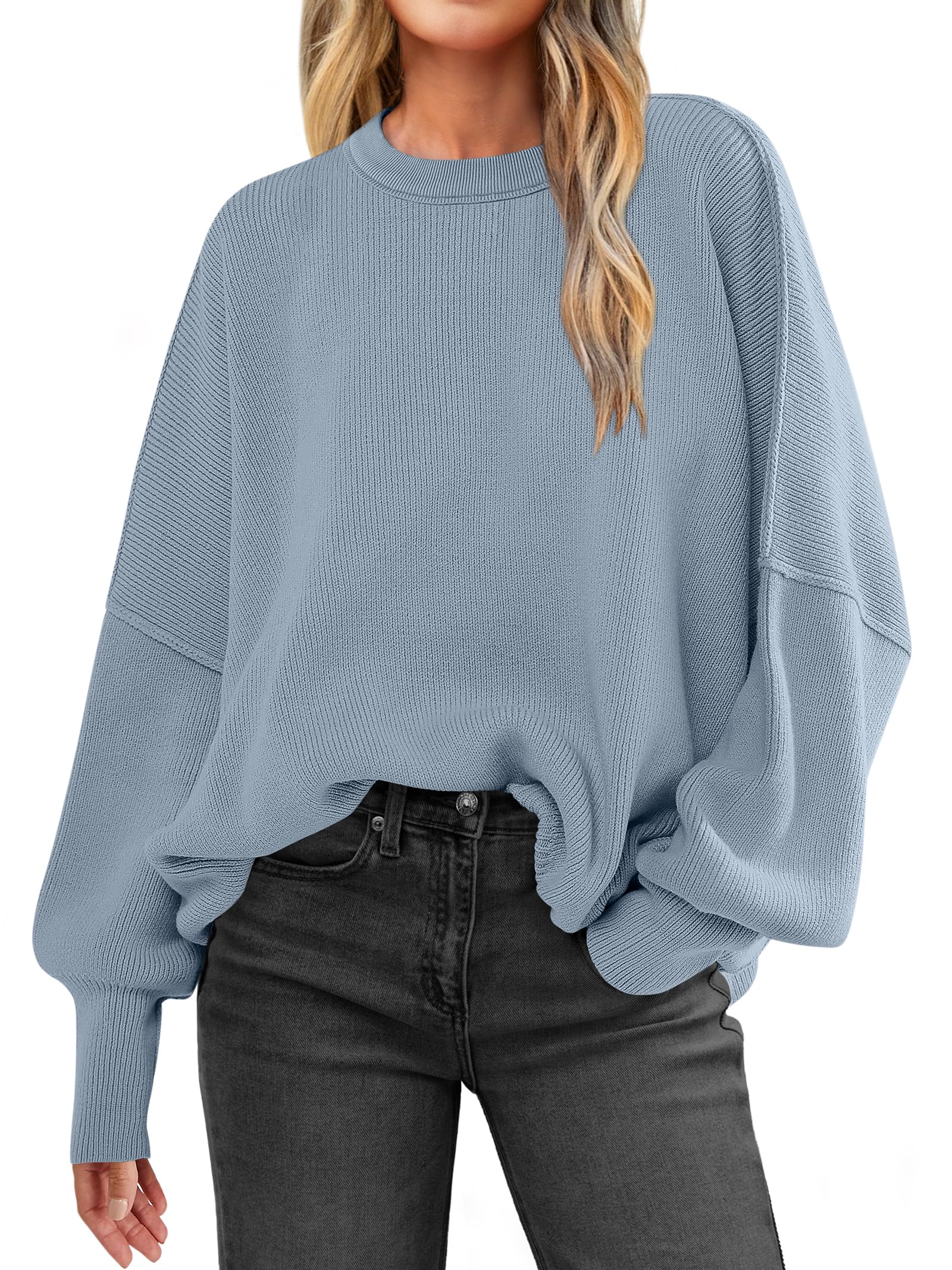 Women Oversized Side Slit Ribbed Knit Pullover Sweaters Top 