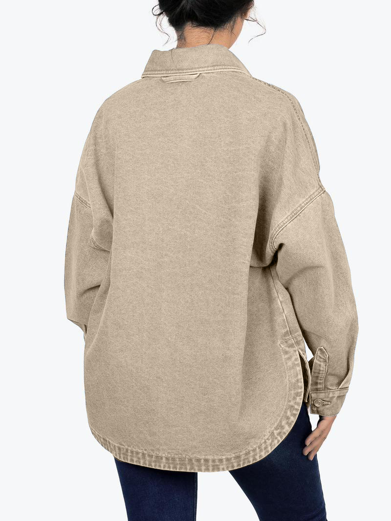 Women's Solid Color Button Front Drop Shoulder Curved Hem Denim Jacket (Final Days: Big Savings!!!)