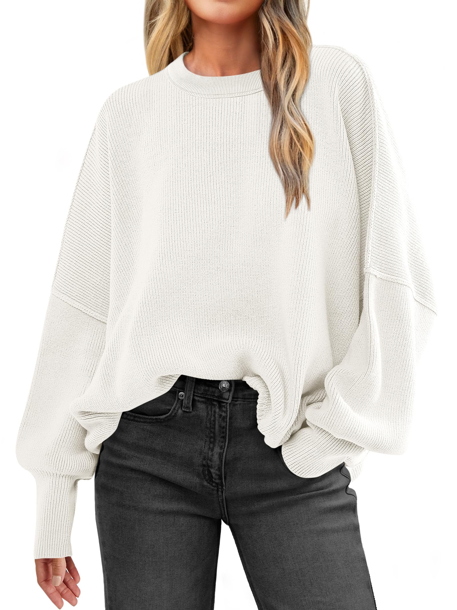 Women Oversized Side Slit Ribbed Knit Pullover Sweaters Top 