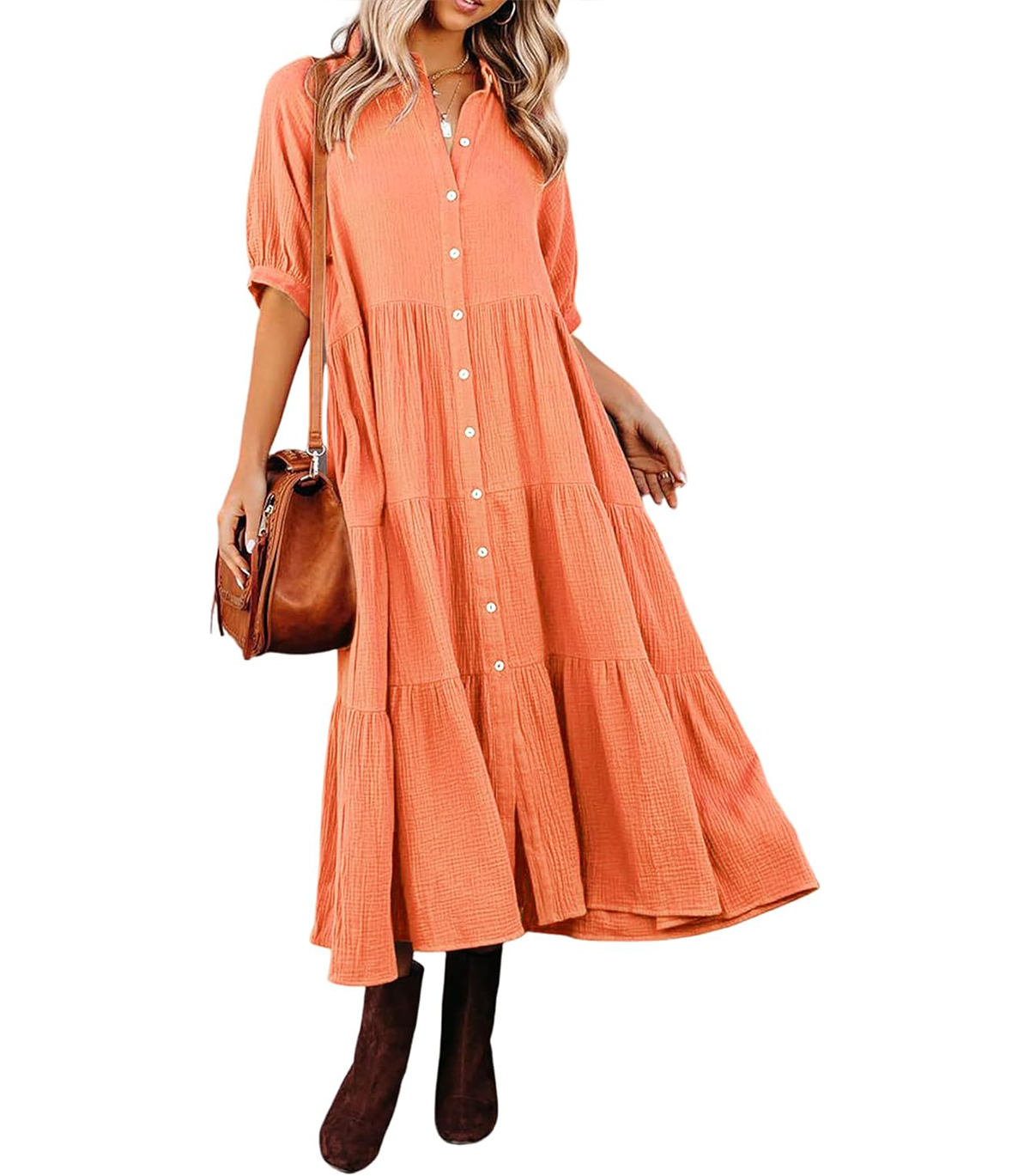 Women's Summer Cotton Half Sleeves Button Down Casual Loose Slit Midi Dress ( 50% Off Today！）