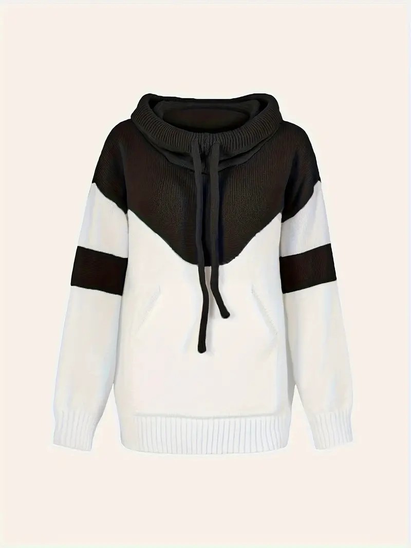Cozy Color Block Knit Hoodie with Drawstring Details (Final Days: Big Savings!!!)