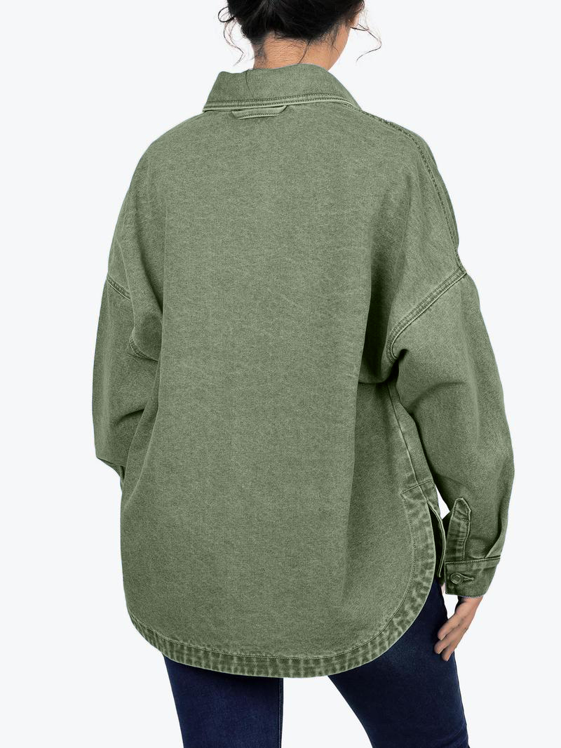 Women's Solid Color Button Front Drop Shoulder Curved Hem Denim Jacket (Final Days: Big Savings!!!)
