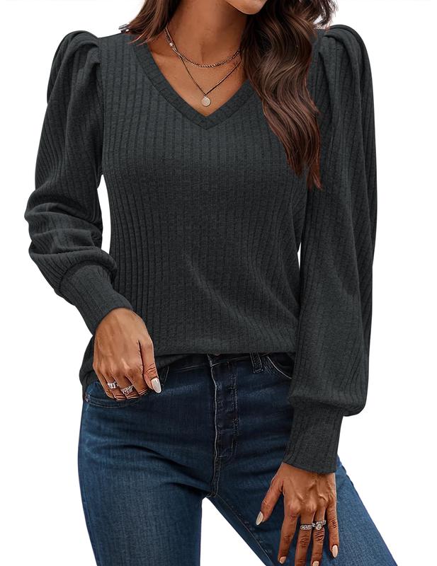 Women's Knit Shirt Soft Puff Long Sleeve Blouse Tops 