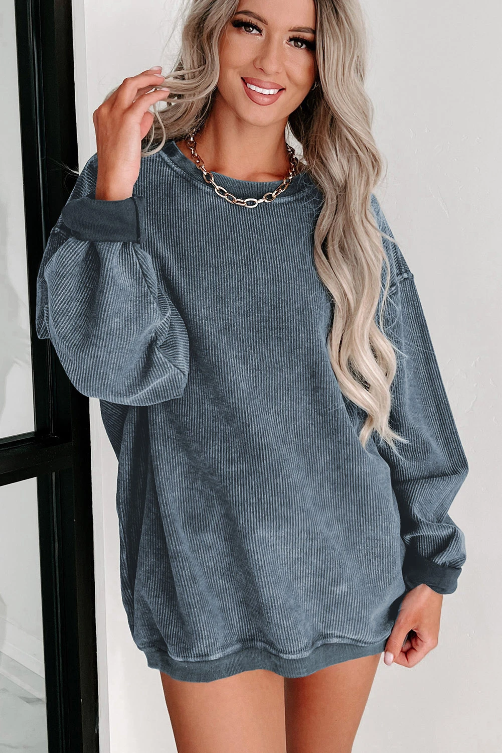  Women's Solid Color Ribbed Knit Round Neck Pullover Sweatshirt