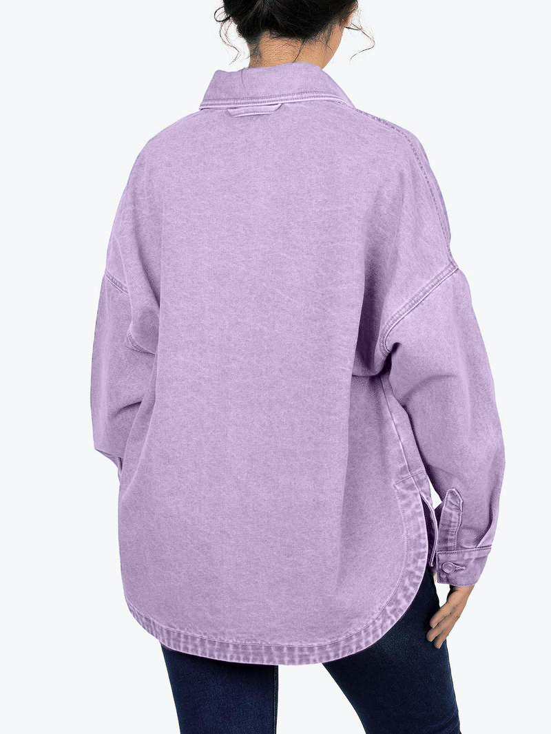 Women's Solid Color Button Front Drop Shoulder Curved Hem Denim Jacket (Final Days: Big Savings!!!)