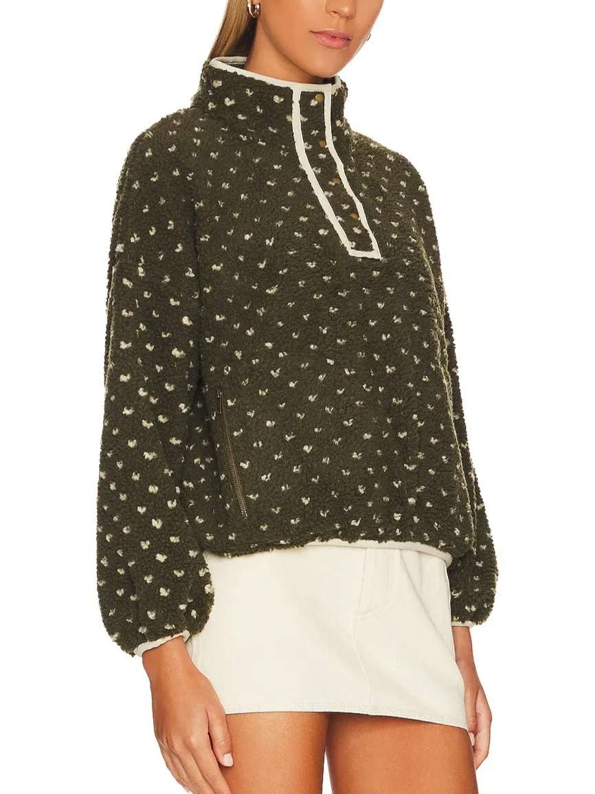 Women's Button-down Turtleneck Heart Sherpa Pullover