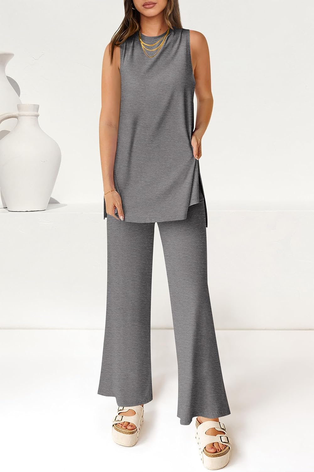 Women's Casual Loose Tank Top Wide Leg Pants 2 Piece Lounge Set