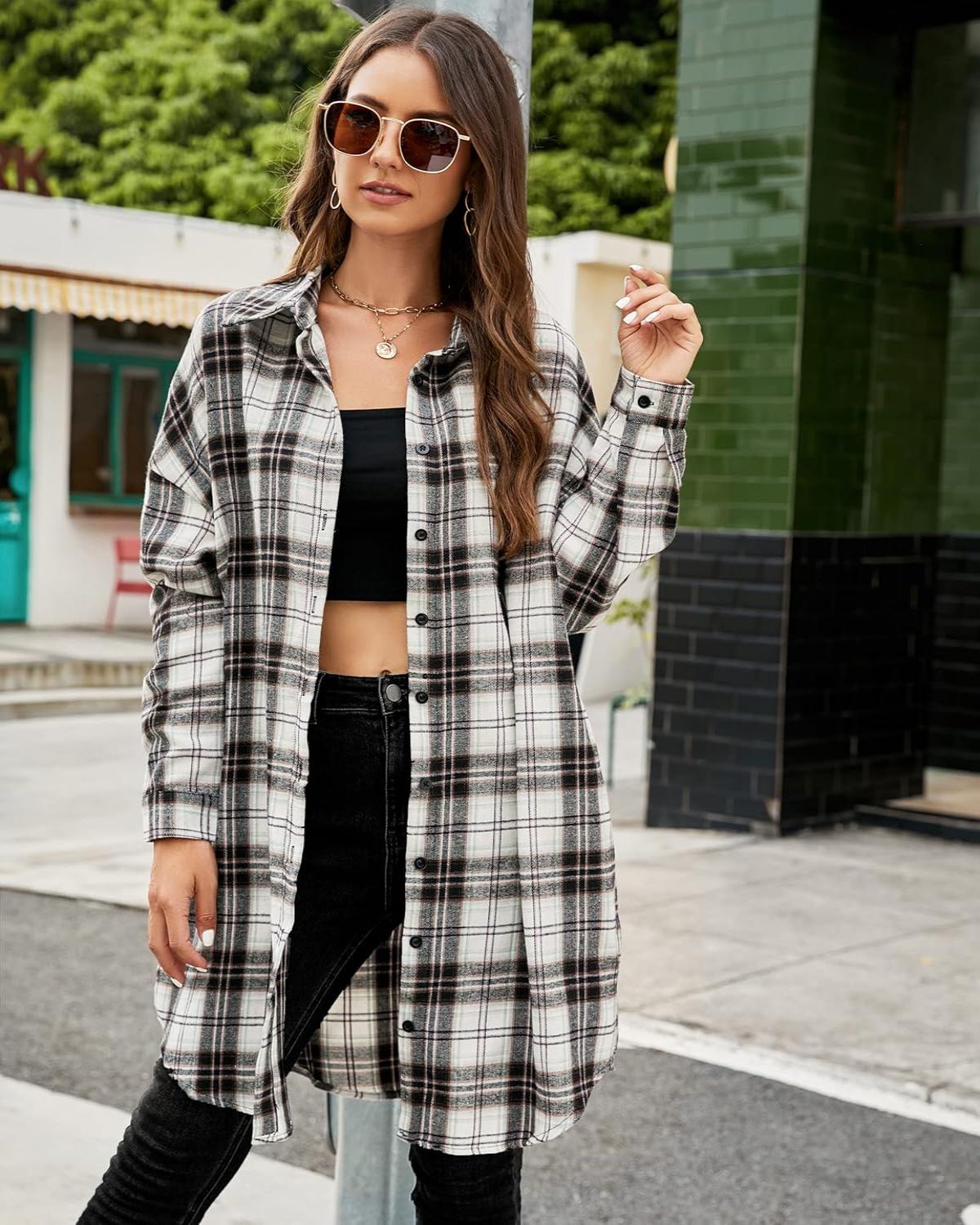Women's Button Down Flannel Shirts Plaid Shacket  Collared Long Jacket Coats(BUY 2 FREE SHIPPING)