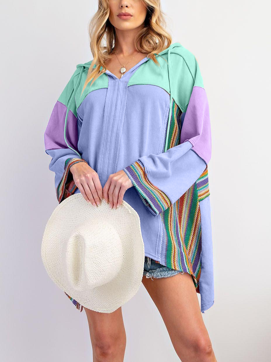 Colorblock Long Sleeve Top with Rainbow Crochet Details(Buy 2 Free Shipping)