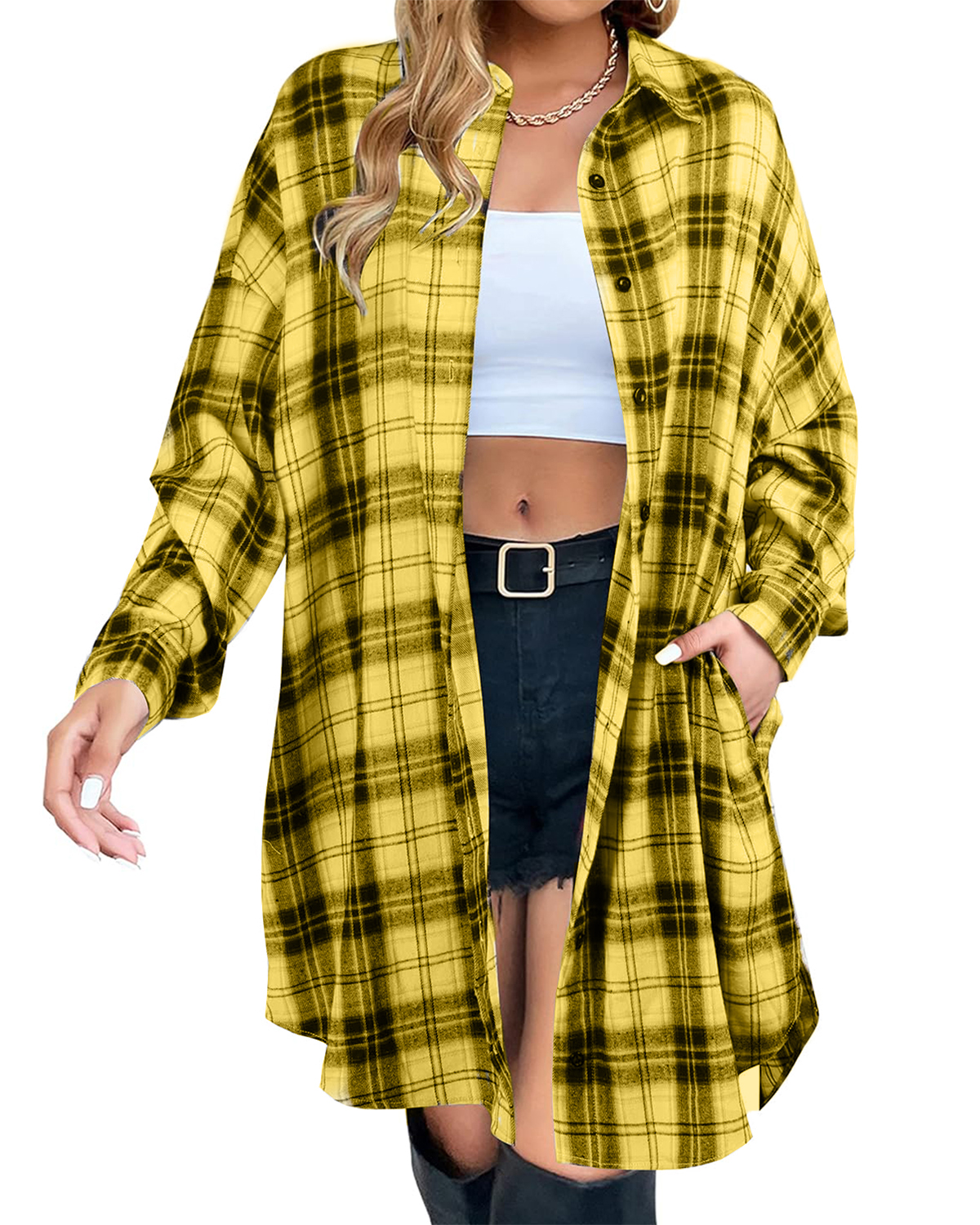 Women's Button Down Flannel Shirts Plaid Shacket  Collared Long Jacket Coats(BUY 2 FREE SHIPPING)