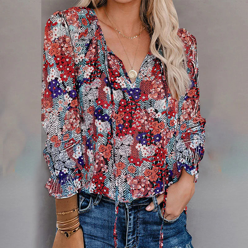 Women Boho Floral Print V Neck Drawstring Long Sleeve Blouse Top (Final Days: Big Savings!!!)