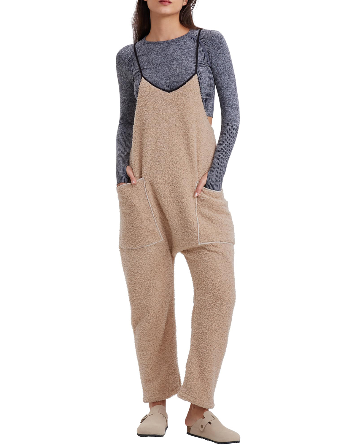 Womens Fleece Overalls Loose Fit Adjustable Strap Jumpsuits Warm Fashion Work Outfits