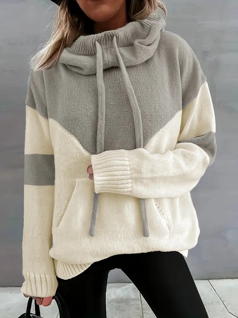 Cozy Color Block Knit Hoodie with Drawstring Details (Final Days: Big Savings!!!)
