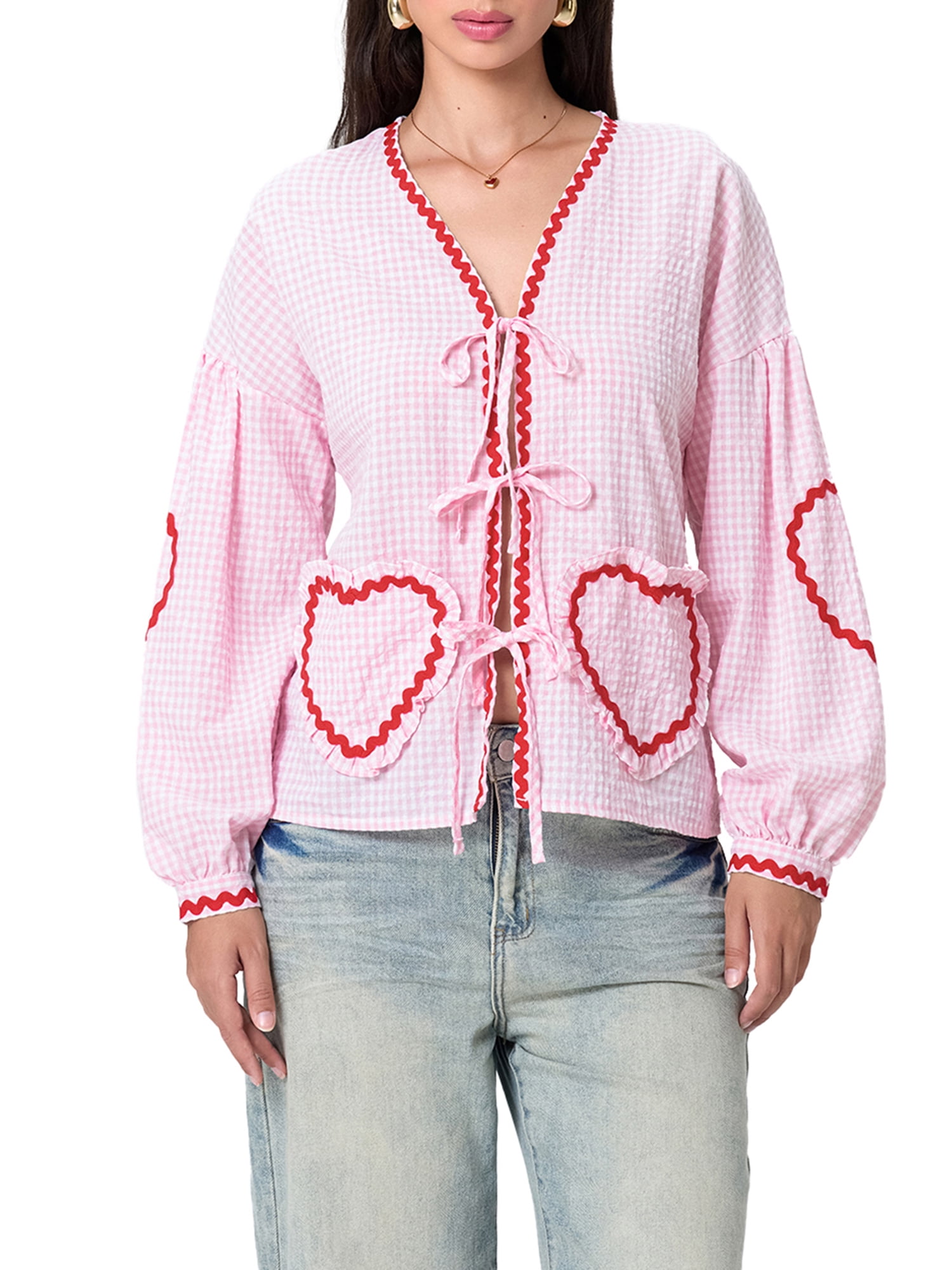 Women Cute Plaid Blouses Long Sleeve V-Neck Bow Tie Front Tops with Pockets