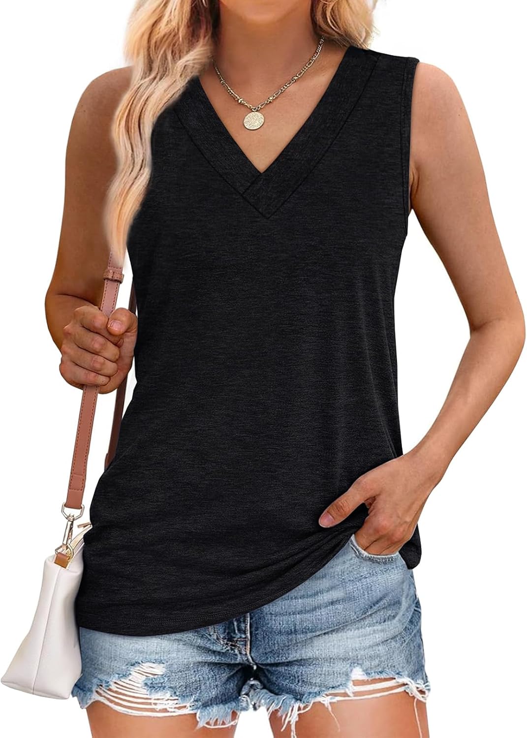 Women Summer Loose Fit V Neck T Shirts Trendy Sleeveless Basic Tank Tops 