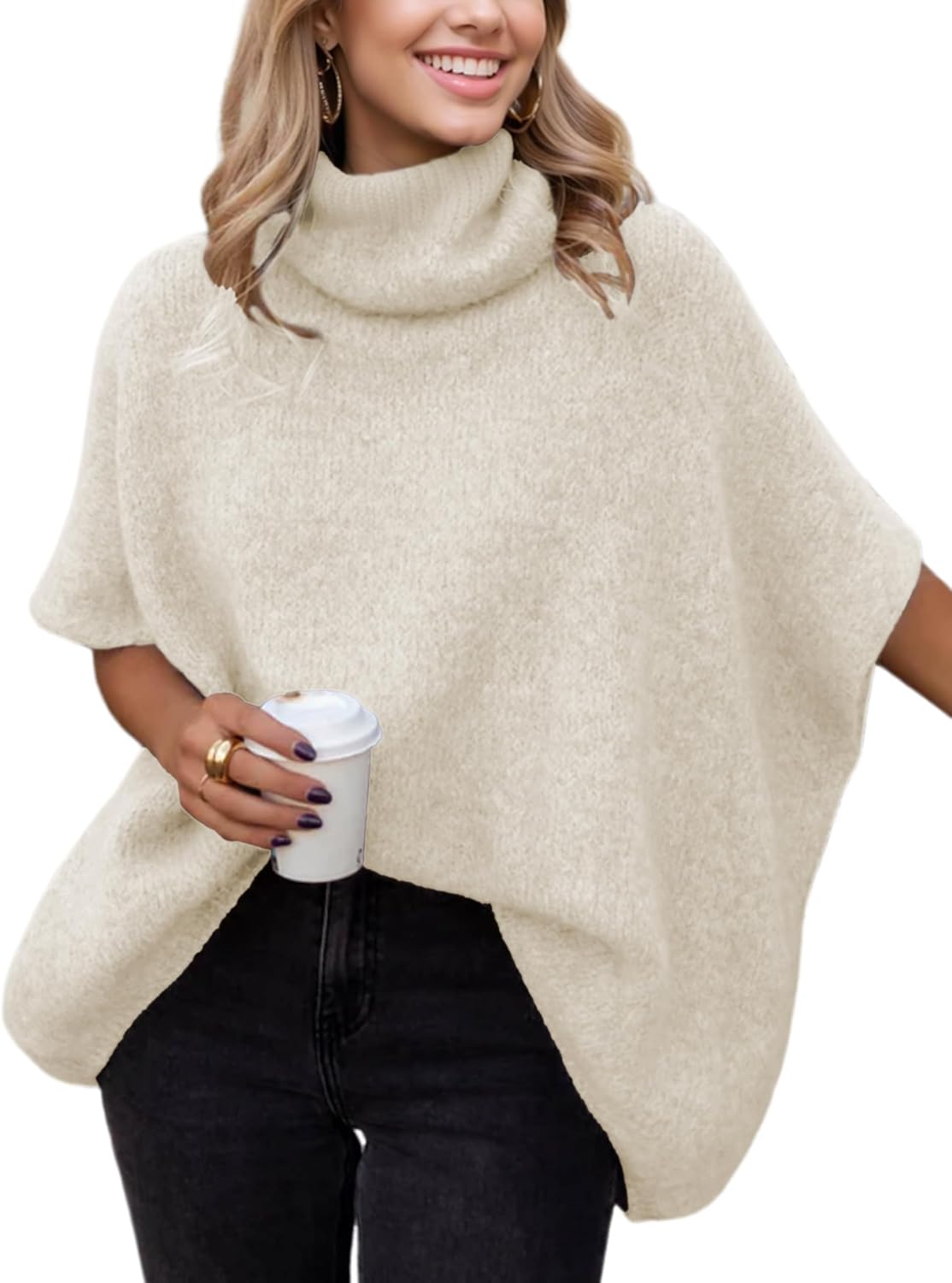 Women's Turtleneck Cropped Bat Sleeve Knit Top