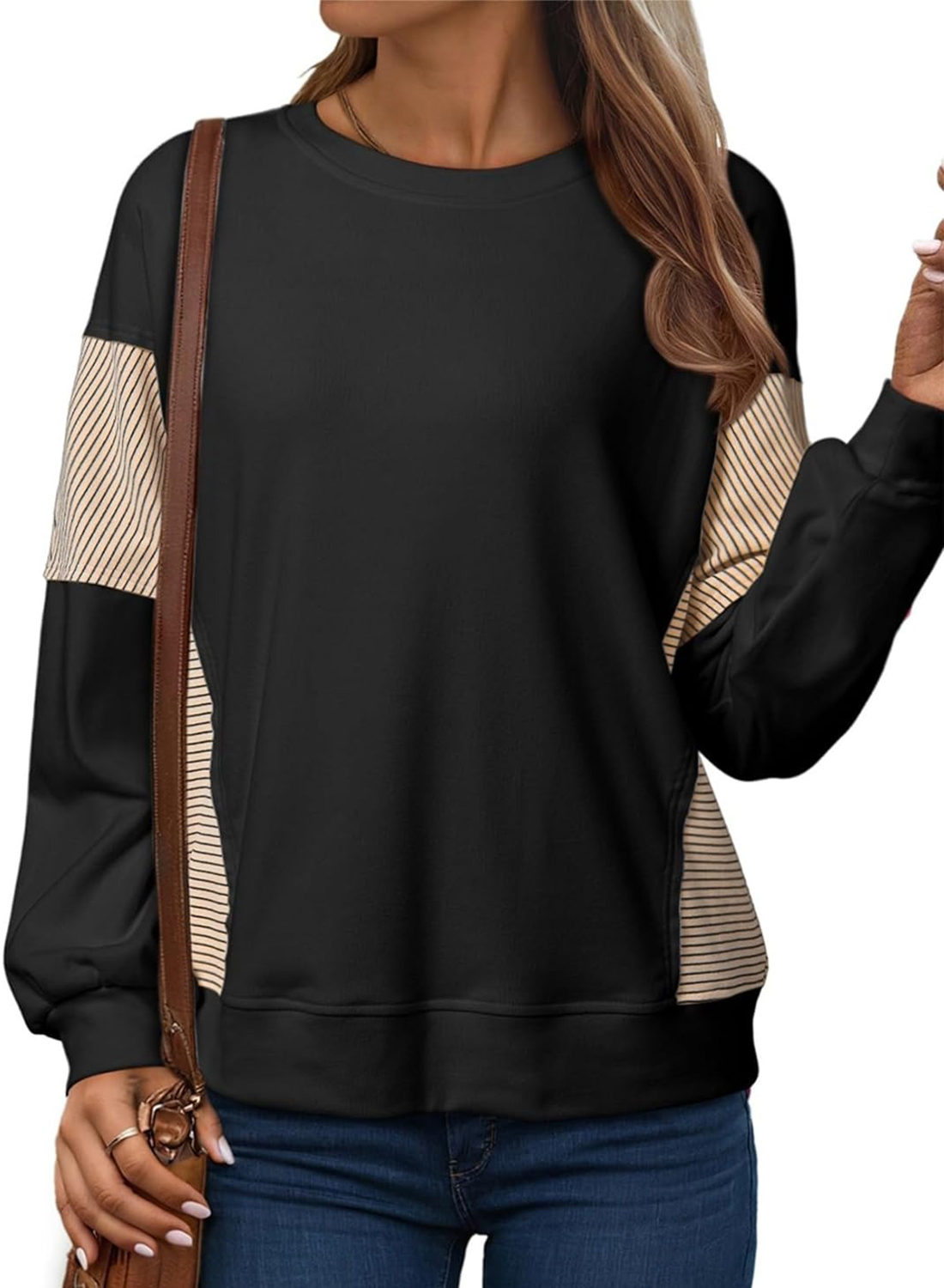 Women's Crewneck Patchwork Stripe Long Sleeve Pullover Sweatshirts