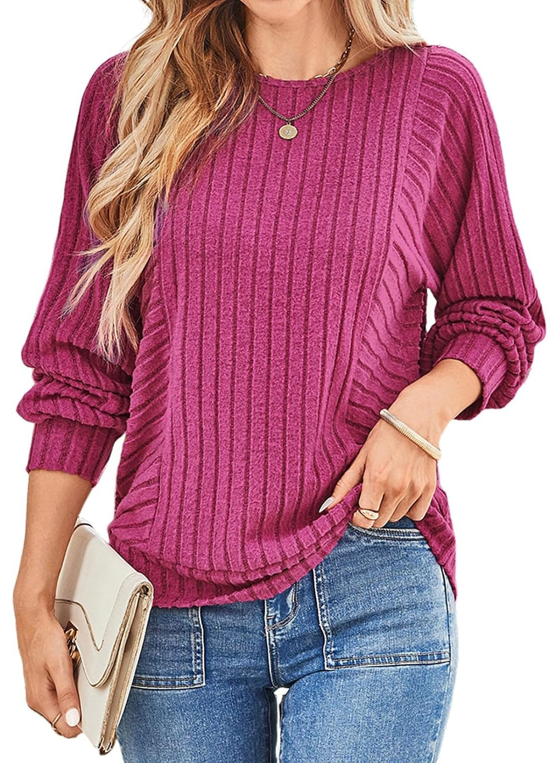 Women's Soft Ribbed Crewneck Long Sleeve Shirts Knit Tops