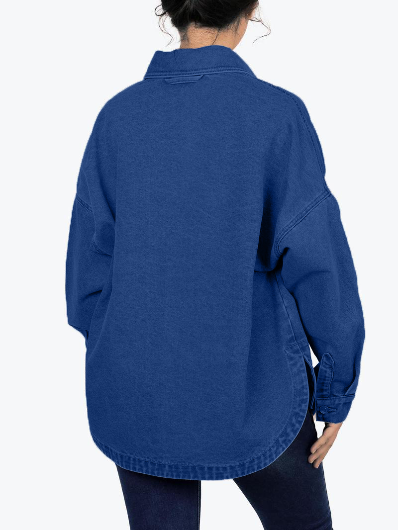 Women's Solid Color Button Front Drop Shoulder Curved Hem Denim Jacket (Final Days: Big Savings!!!)