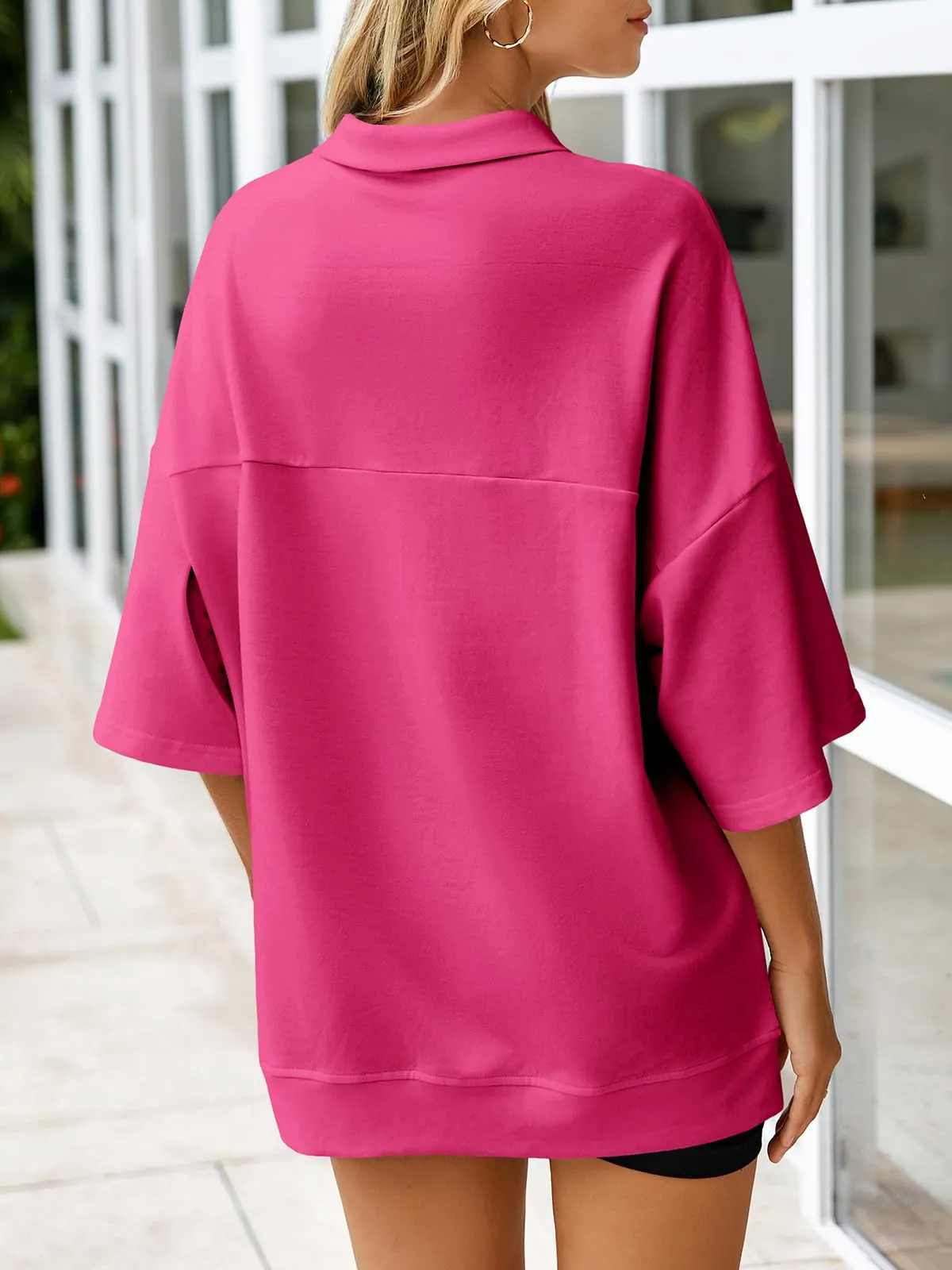 ✨Women's Oversized 3/4 Sleeve Zippered V Neck High Low Hem Pullover (Buy 2 Free Shipping)