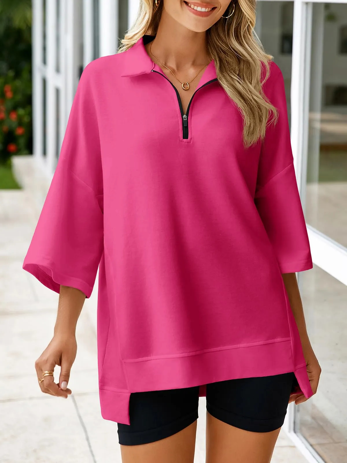 ✨Women's Oversized 3/4 Sleeve Zippered V Neck High Low Hem Pullover (Buy 2 Free Shipping)