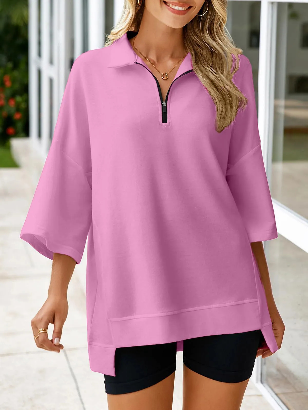 ✨Women's Oversized 3/4 Sleeve Zippered V Neck High Low Hem Pullover (Buy 2 Free Shipping)