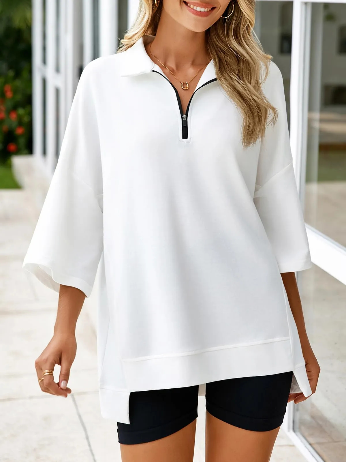 ✨Women's Oversized 3/4 Sleeve Zippered V Neck High Low Hem Pullover (Buy 2 Free Shipping)