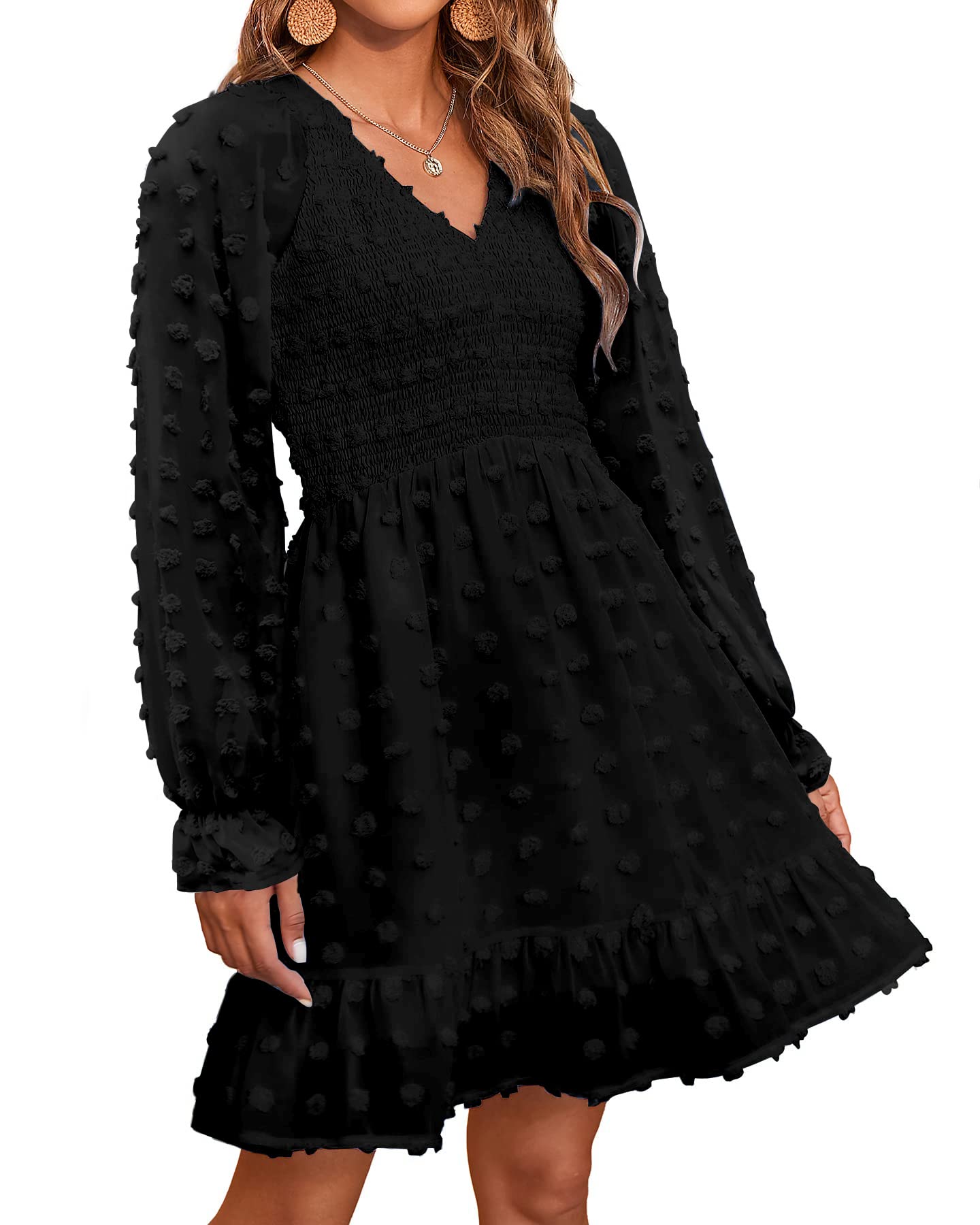 2025 Womens V Neck Casual Smocked Swiss Dot Swing Ruffle Mini Dress(Buy 2 Free Shipping)