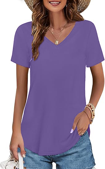 ✨Women's V-neck Short Sleeve Curved Hem Tee Top (Buy 3 Free Shipping)