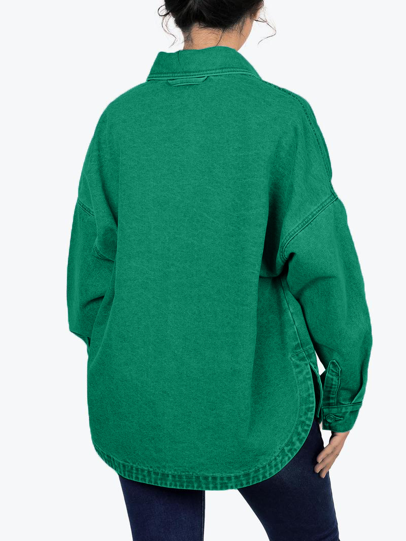 Women's Solid Color Button Front Drop Shoulder Curved Hem Denim Jacket (Final Days: Big Savings!!!)