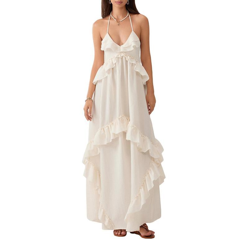 Women Sleeveless Halter Dress Backless Ruffled Summer Swing Dress 