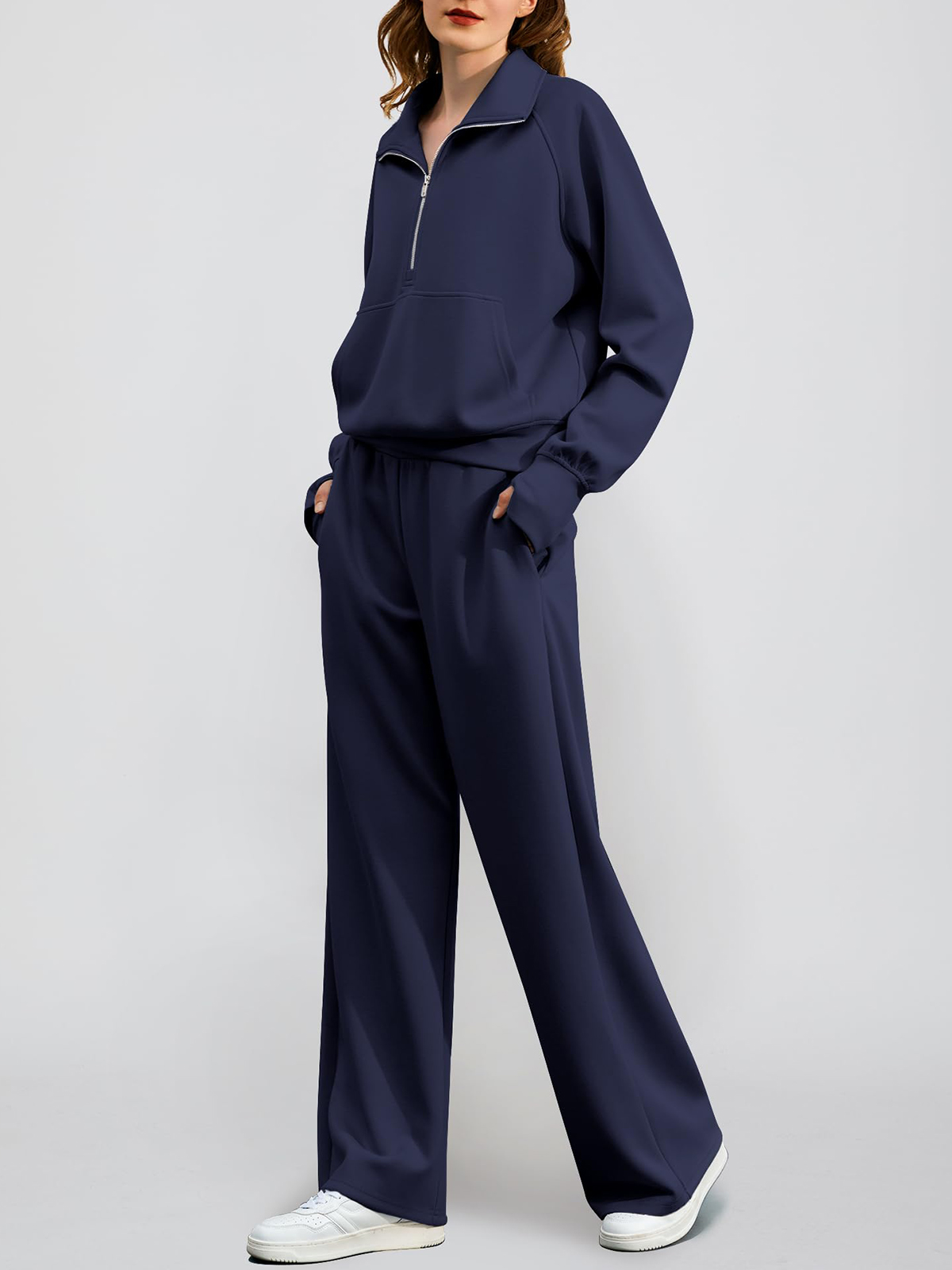 Women's Oversized Half Zip Wide Leg 2 Piece Outfits Lounge Set