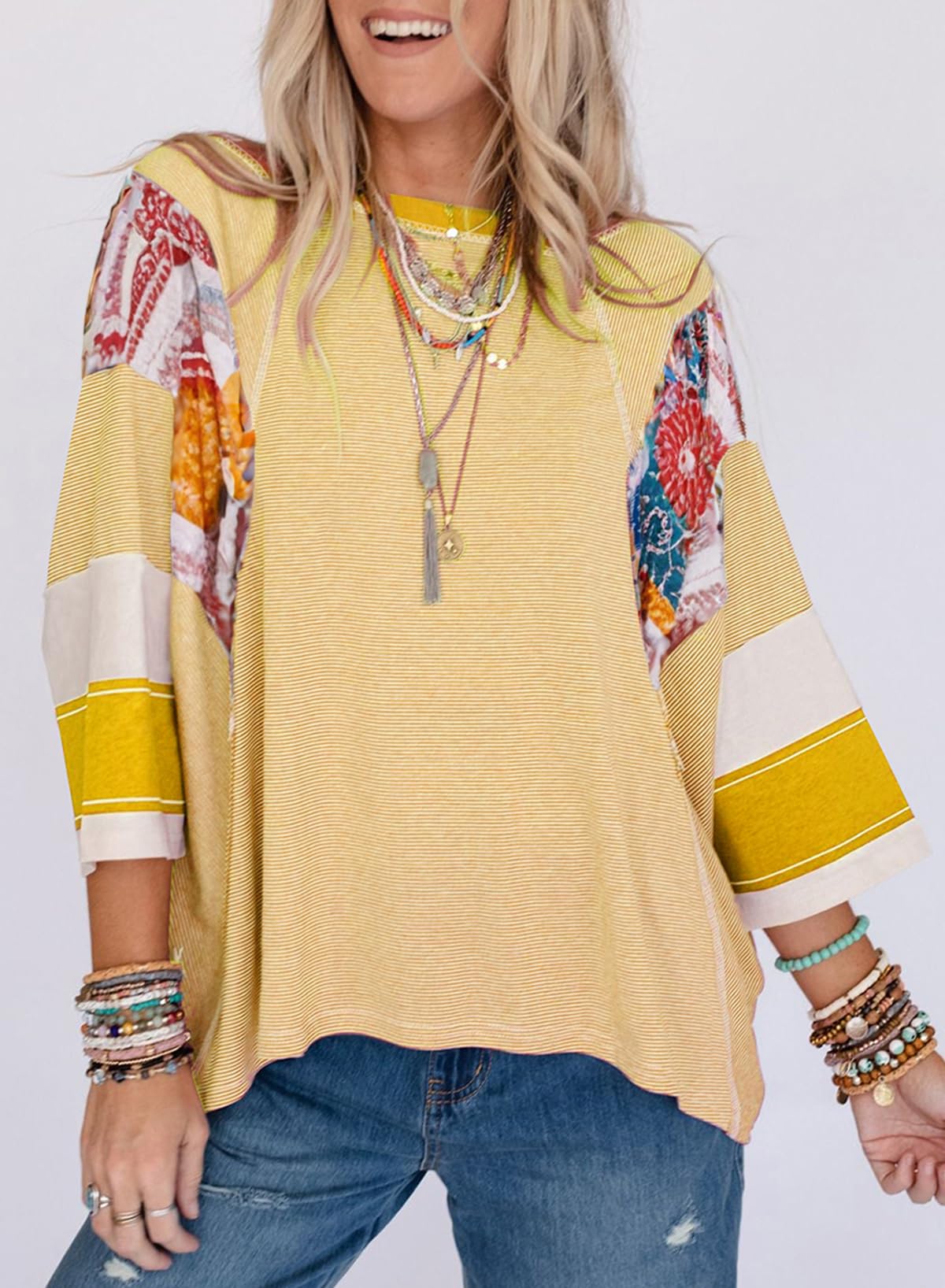 2025 New Women's 3/4 Length Sleeve Oversized Striped Patchwork Shirts(buy 2 free shipping)