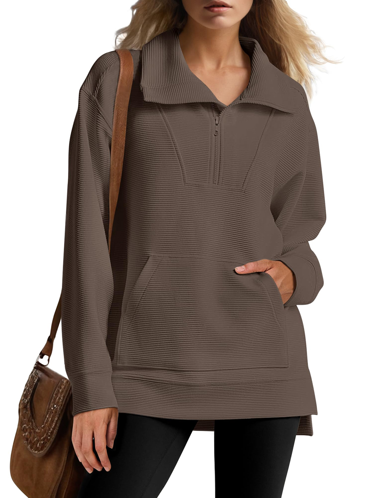 Women's Oversized High Neck Half Zip Knit Sweatshirt (Buy 2 Free Shipping)