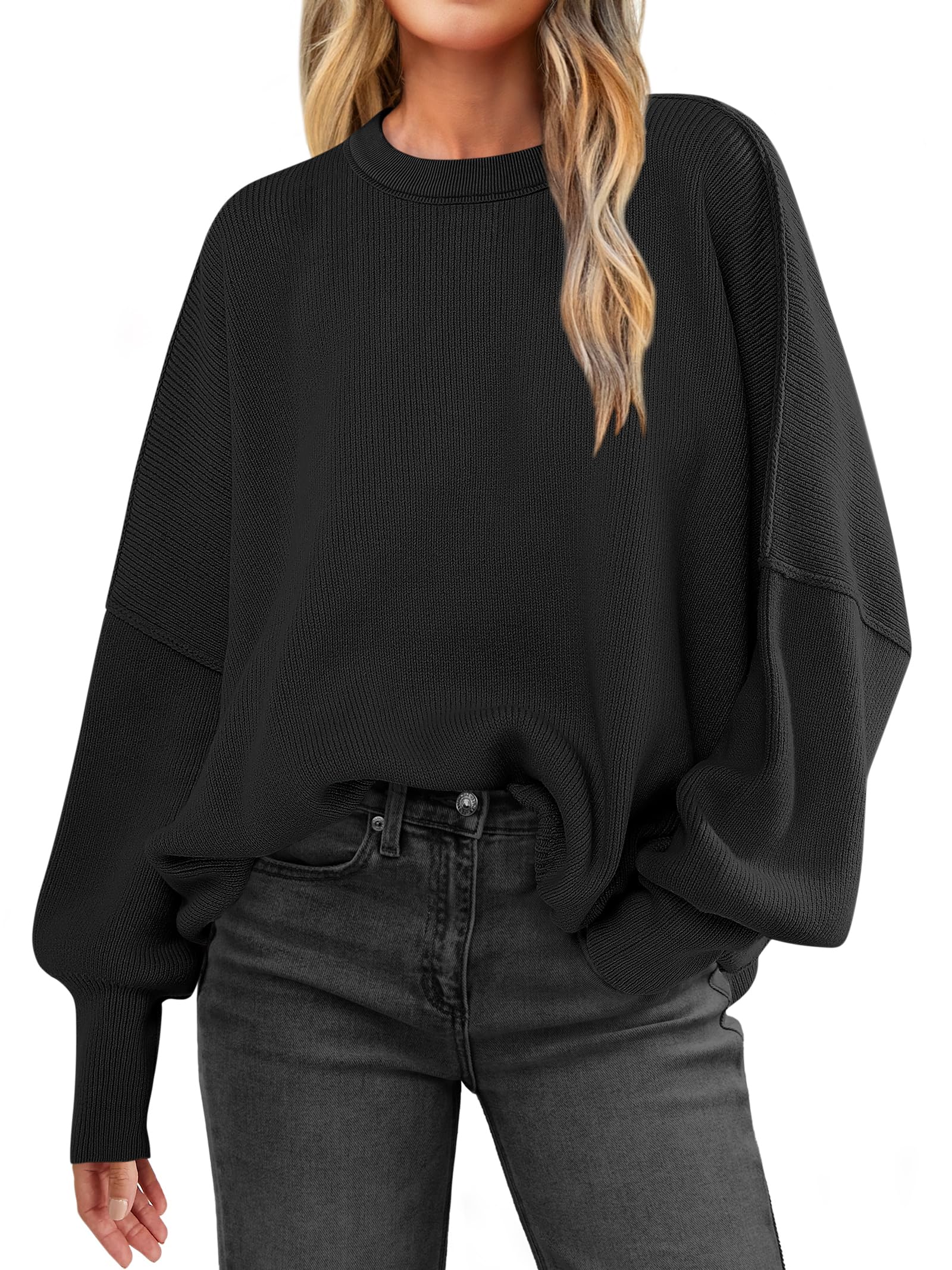 Women Oversized Side Slit Ribbed Knit Pullover Sweaters Top 
